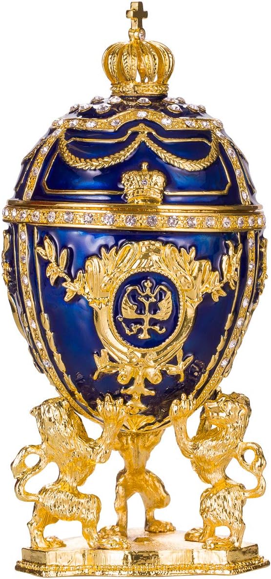 Fabergé-Stil Ei/Schmuckkästchen mit Löwen 15,5 cm blau