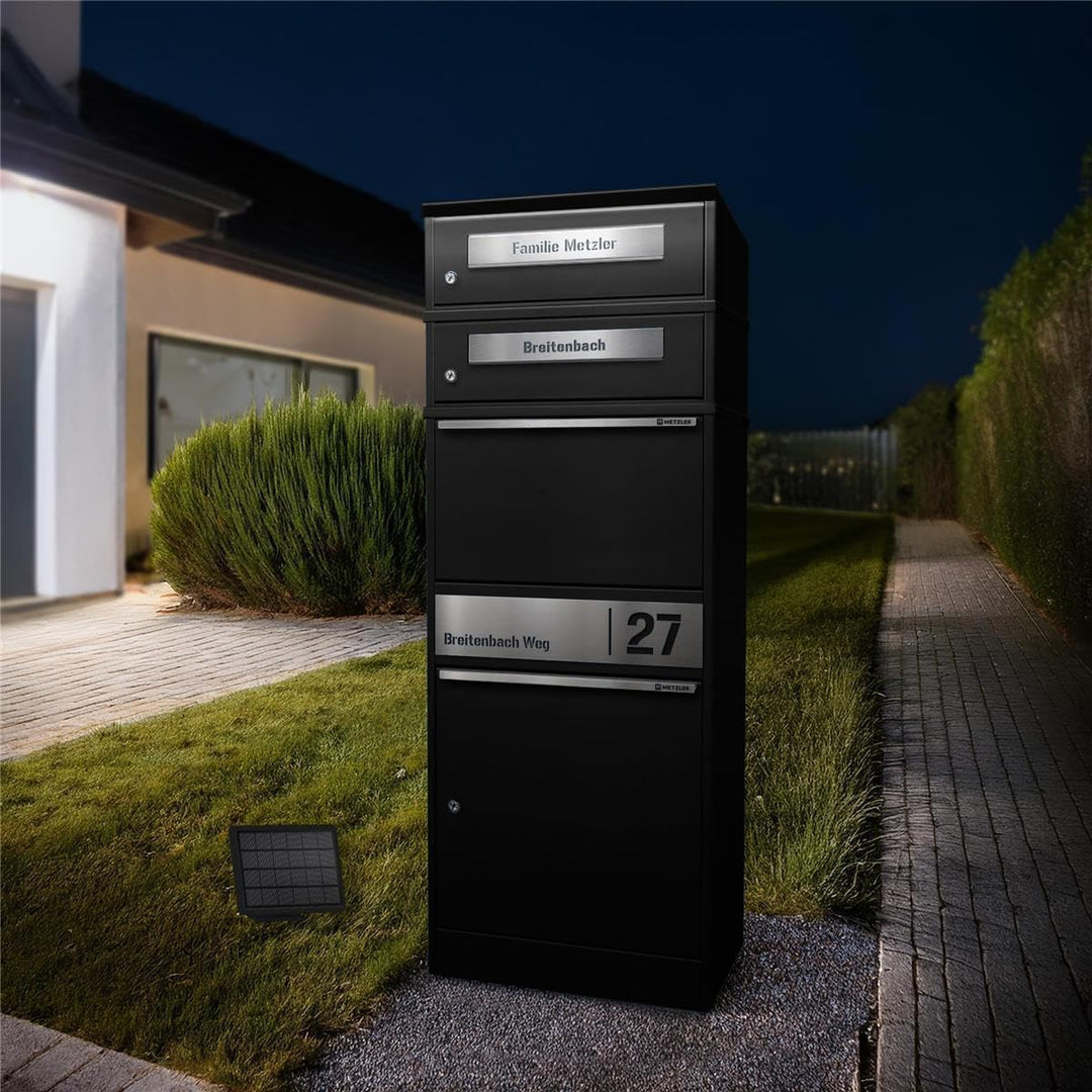 Metzler Paketbriefkasten mit LED-Beleuchtung und Namensgravur, solarbetrieben und abschliessbar, Sch