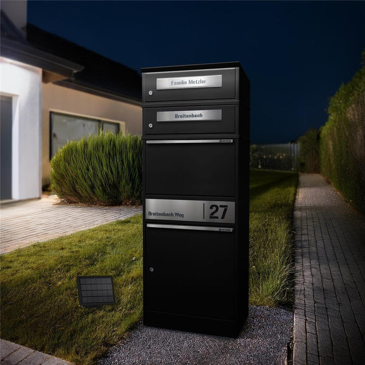 Metzler Paketbriefkasten mit LED-Beleuchtung und Namensgravur, solarbetrieben und abschliessbar, Sch