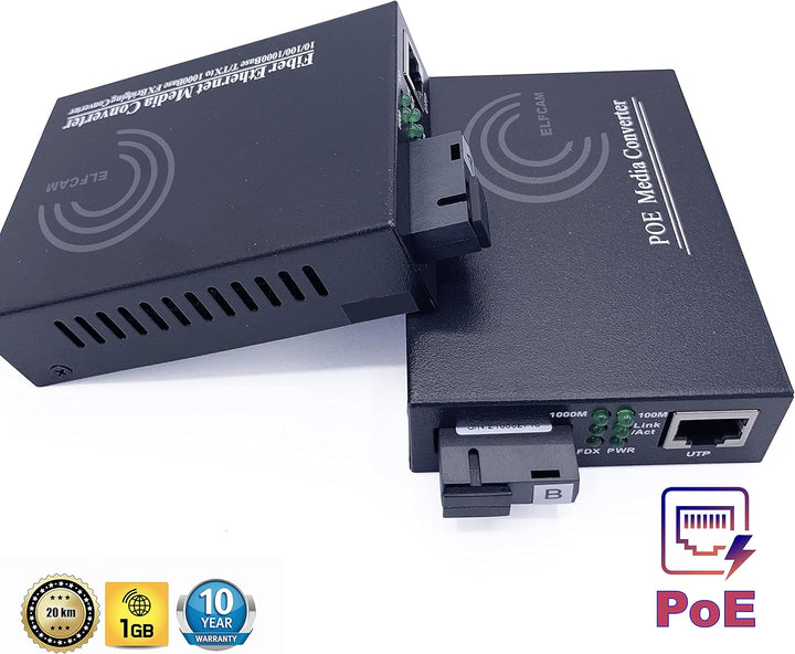 Elfcam® - PoE Gigabit Ethernet LWL Medienkonverter Glasfaser 10/100/1000 Mbps inklusive Mini-GBIC (S