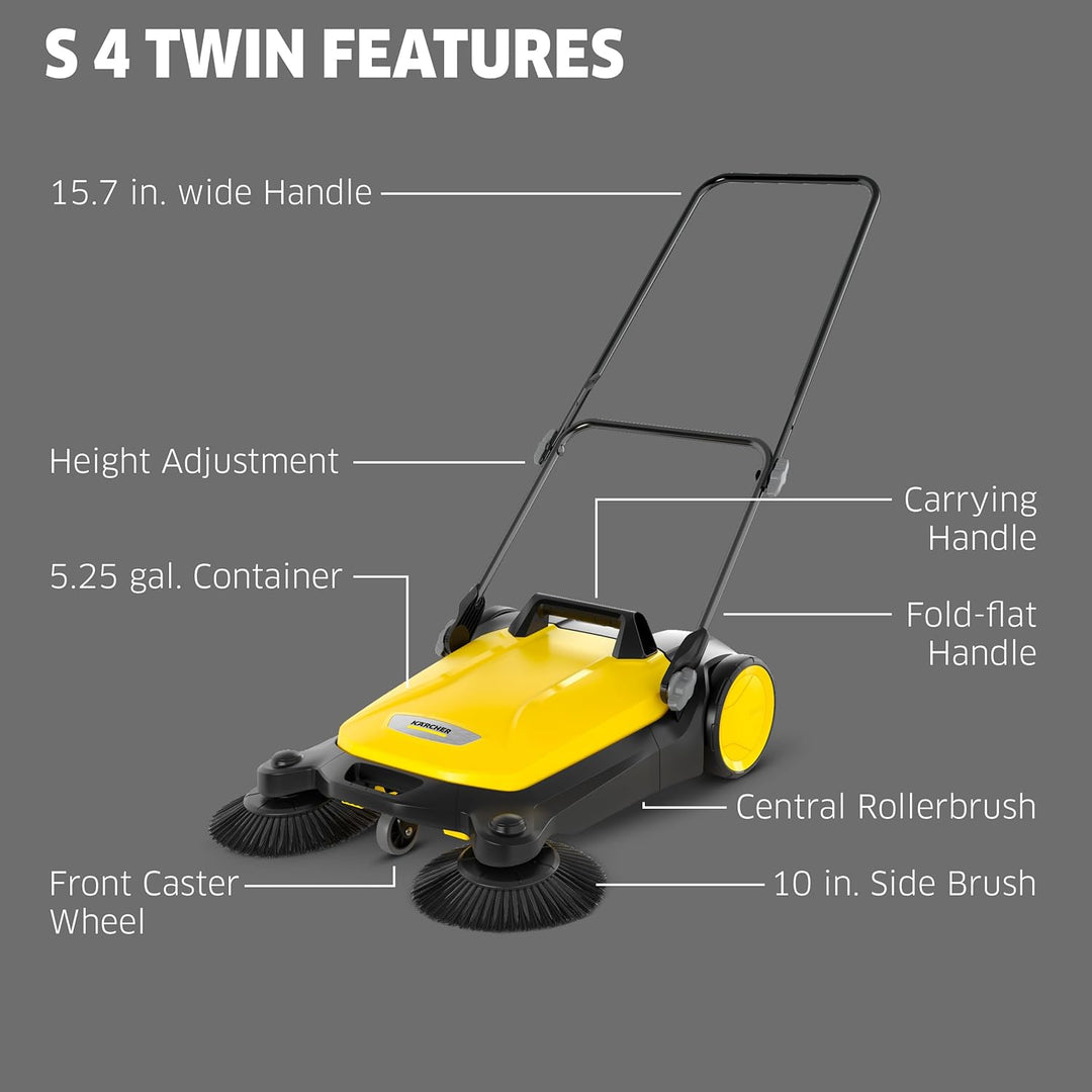 Kärcher S 4 Twin Walk-Behind Outdoor Hand Push Bodenkehrer – 5,25 Gallonen Kapazität, 68,1 cm Kehrbr