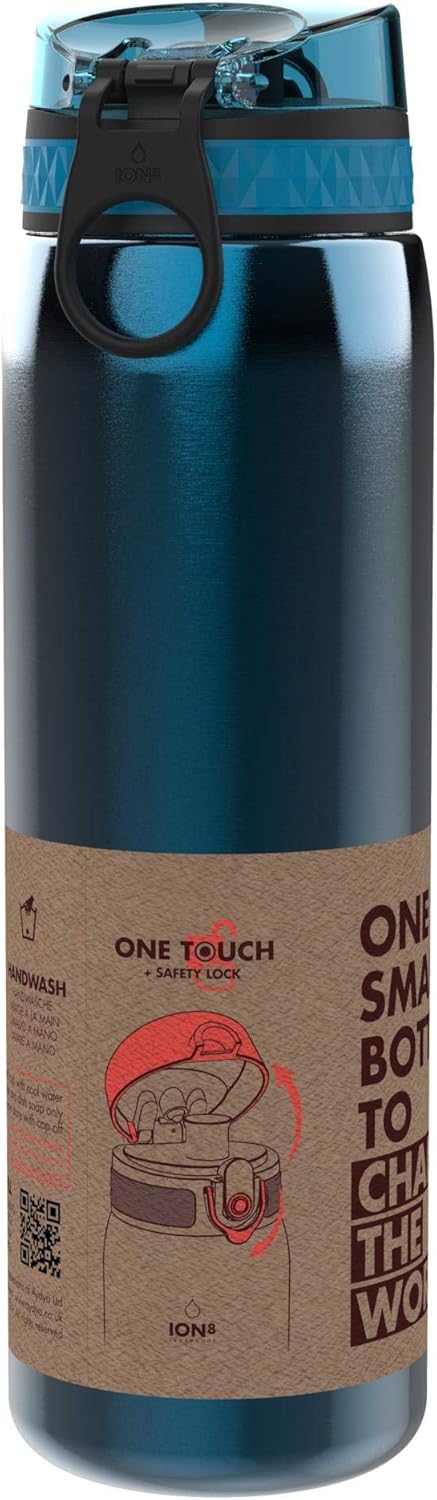 Ion8 1 Liter Edelstahl Trinkflasche, Auslaufsicher, Einhandöffnung, Sichere Verriegelung, Spülmaschi