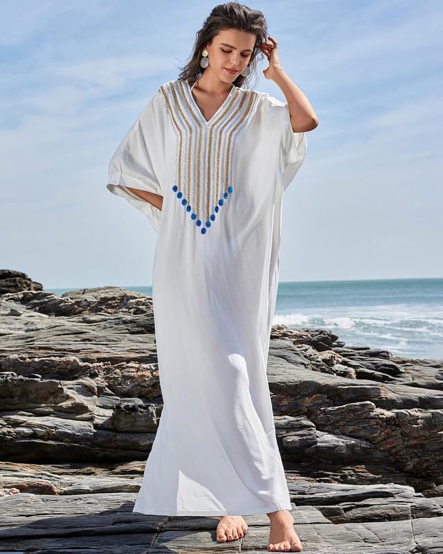 Bsubseach Damen Stickerei Kurzarm Bikini Strandkleid Side Split Beach Kaftan Kleid Ff-weiss, Ff-wei&