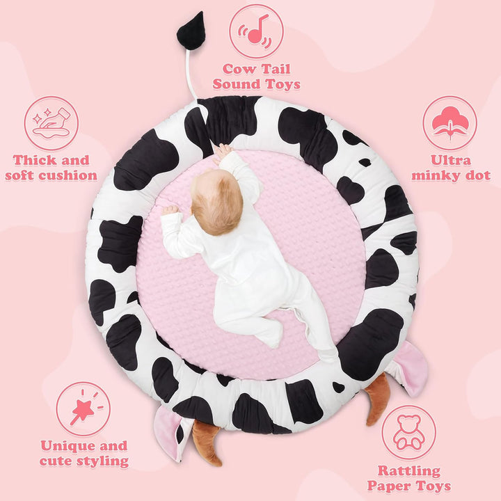 Rosa Kuh Spielbogen Baby, Spieldecke Baby mit 6 Sensorischen Spielzeugen Abnehmbarem, Extra dicke We