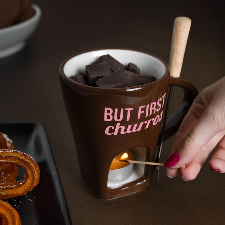 Fisura - Fondue Tasse für Schokolade und Käse, braune Keramiktasse 140 ml mit Gabel, originelle Gesc