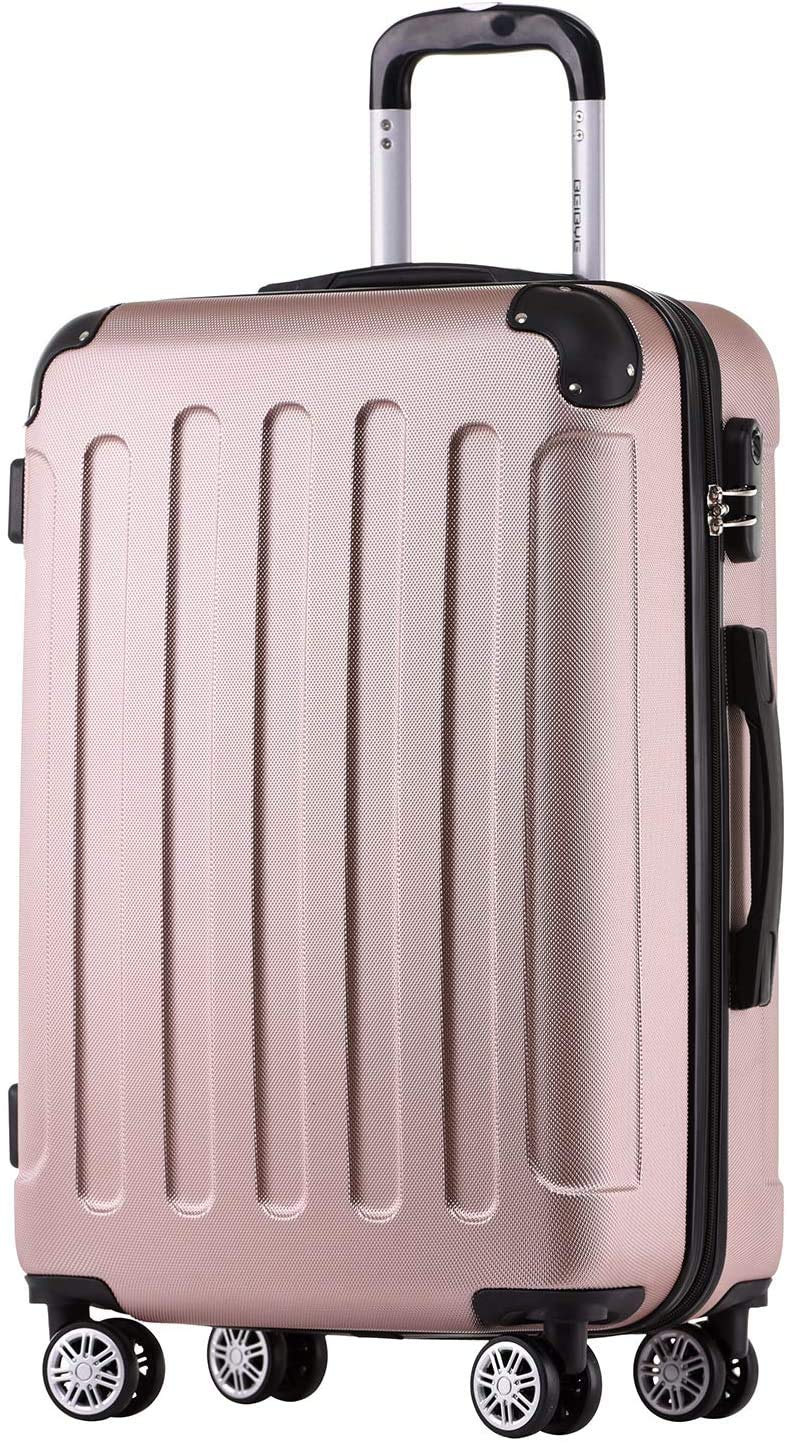BEIBYE Hartschalen-Koffer Trolley Rollkoffer Reisekoffer Handgepäck 4 Rollen (M-L-XL-Set) (Rosa Gold