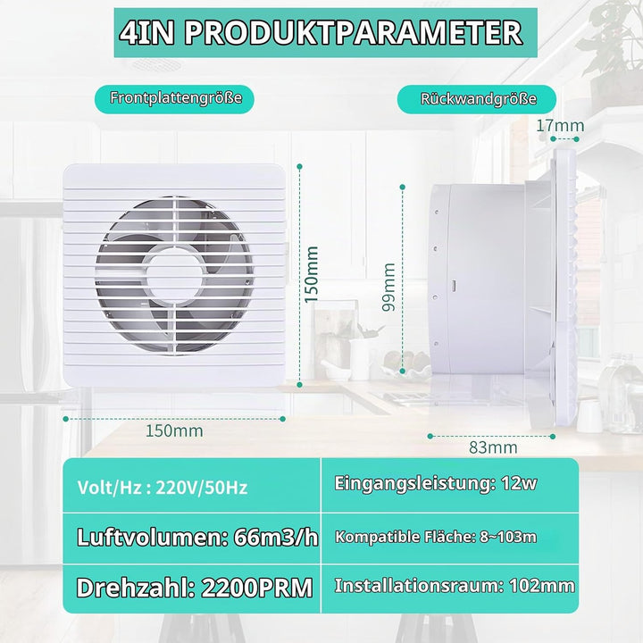 FanGoFast Badlüfter 100mm mit Nachlauf Abluftventilator Leiser 12W Leistungsstarke Wandventilator Lü