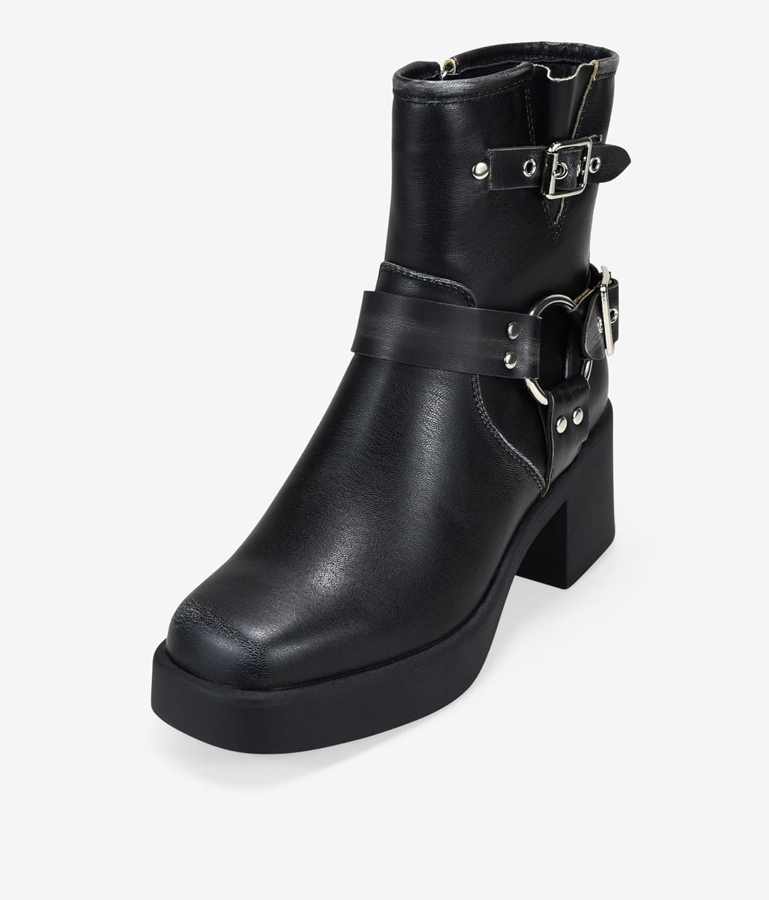 BOSANOVA Damen-Stiefel mit niedrigem Absatz, dekorative Metallschnallen, breiter Schaft, quadratisch