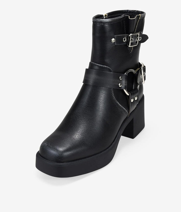 BOSANOVA Damen-Stiefel mit niedrigem Absatz, dekorative Metallschnallen, breiter Schaft, quadratisch