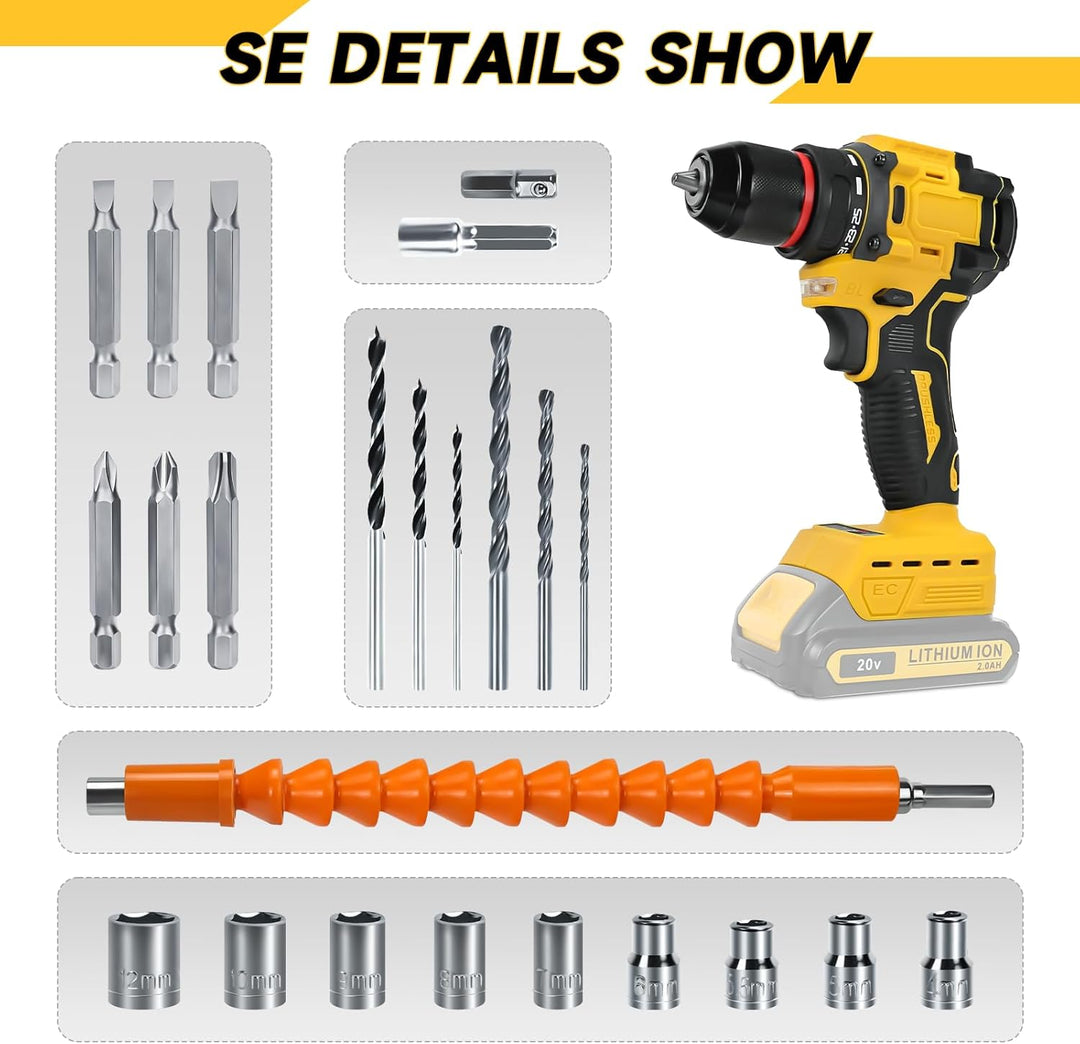 Akku-Bohrschrauber für DEWALT 20V Akkus,25+1Drehmoment Einstellung, Max. Drehmoment 60N-m, LED-Licht