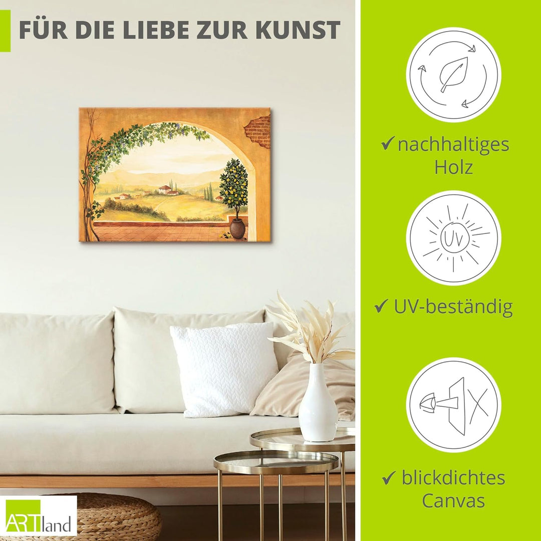 Artland Leinwandbild Wandbild Bild auf Leinwand 100x70 cm Wanddeko Fensterblick Fenster Toskana Land