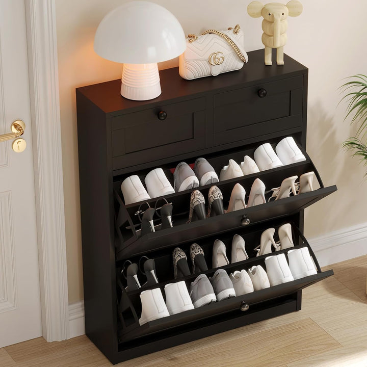 VOWNER Schuhschrank mit 2 Klappen, Schuhregal Schuhkipper Schmal, Schuhschrank Schwarz, Schuhablage