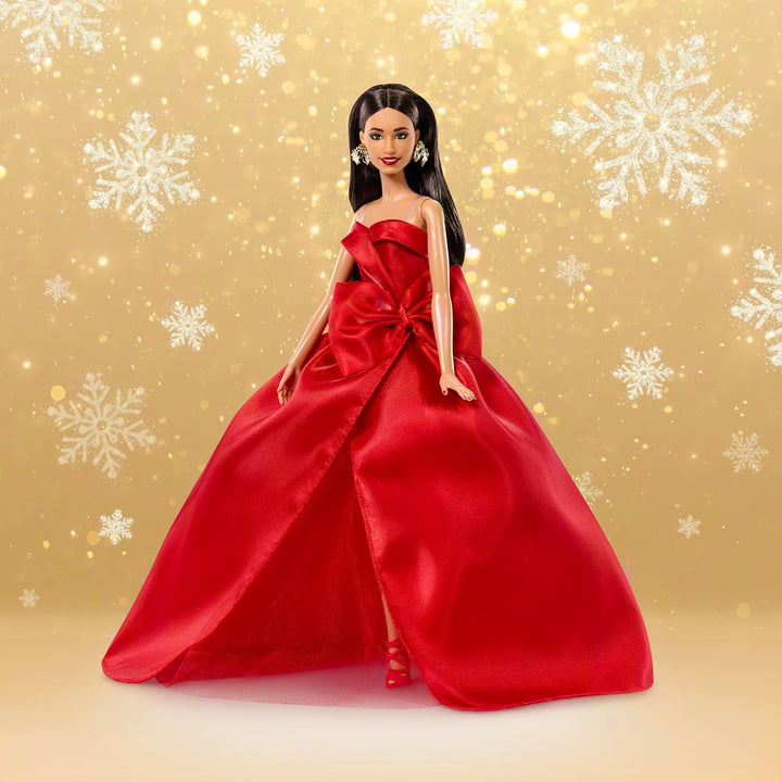 Barbie Signature Puppe, Holiday 2026, braunhaarige Modepuppe | mit Schleifenkleid in Rot, saisonale