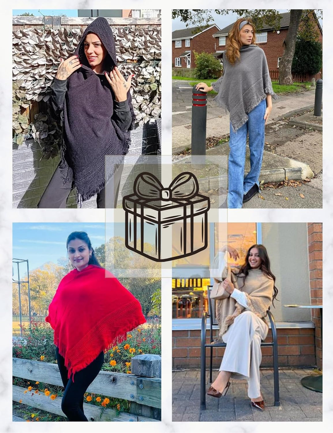 Ferand Damen Poncho mit Kapuze und gehäkeltem Cape mit Fransensaum für Herbst Winter Einheitsgrösse