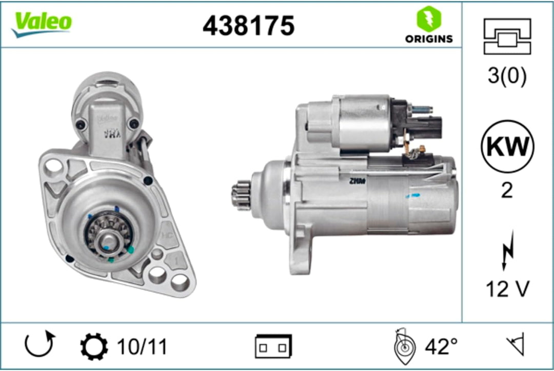 VALEO 438175 Starter Nennleistung: 2 kW Stop & Start: NO Zähnezahl: 11 zähne Spannung: 12 V Drehrich