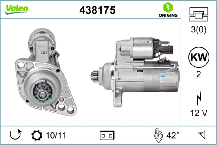 VALEO 438175 Starter Nennleistung: 2 kW Stop & Start: NO Zähnezahl: 11 zähne Spannung: 12 V Drehrich