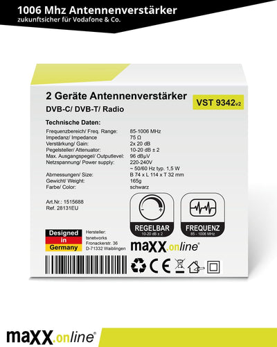 maxx.onLine Antennenverstärker mit 2 Ausgängen 2X 20 dB Verstärkung inkl. F-Adapter, 85-1006 MHz, Ka