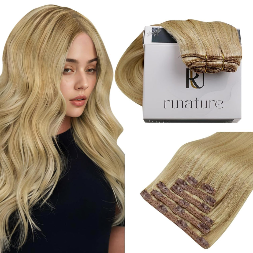 RUNATURE Clip Extensions Echthaar Goldblond mit Hellblond Clip in Echthaar Extensions Remy Haar Clip