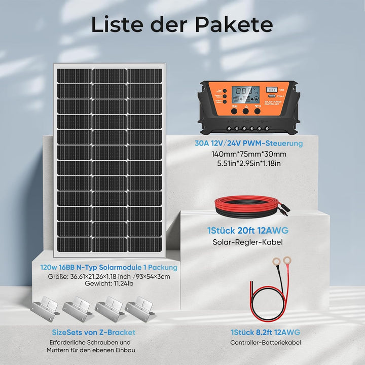120W Solarpanel Solarzelle kit: 120W 12V Monokristallinem Solarmodul + 30 A Solarladeregler, Solarka