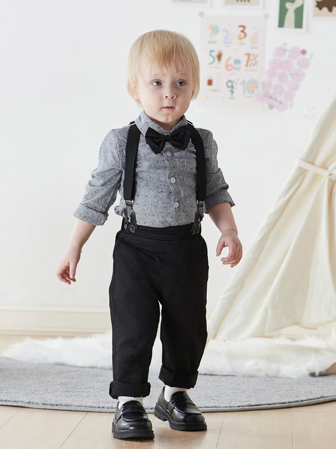 Baby Jungen Anzug Bekleidungssets Kleid Strampler hosenträger Fliege Krawatte 4tlg Anzug Gentleman F