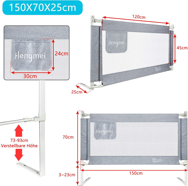 JOIEYOU Bettgitter Rausfallschutz Bett Höhenverstellbar 150cm Bettschutzgitter mit Schnallendesign f