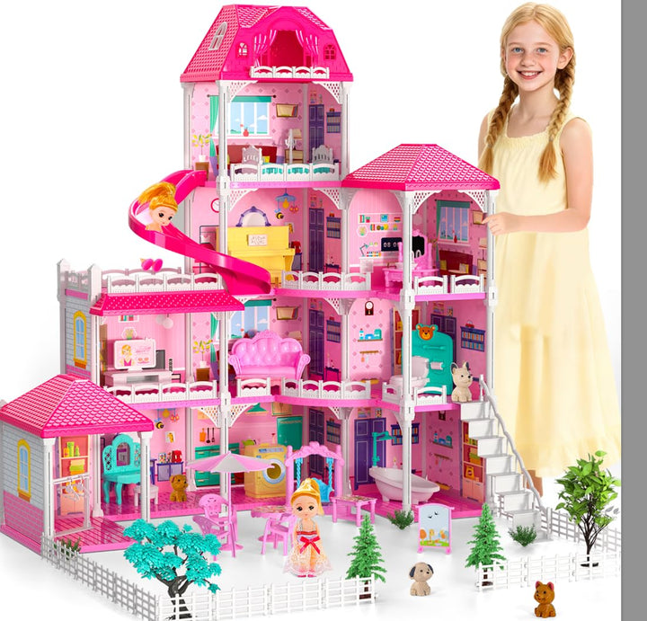 Doloowee Puppenhaus, 4 Geschichten 10 Zimmer Puppenhaus mit 2 Prinzessinnen Rutsche Zubehör, Spielze