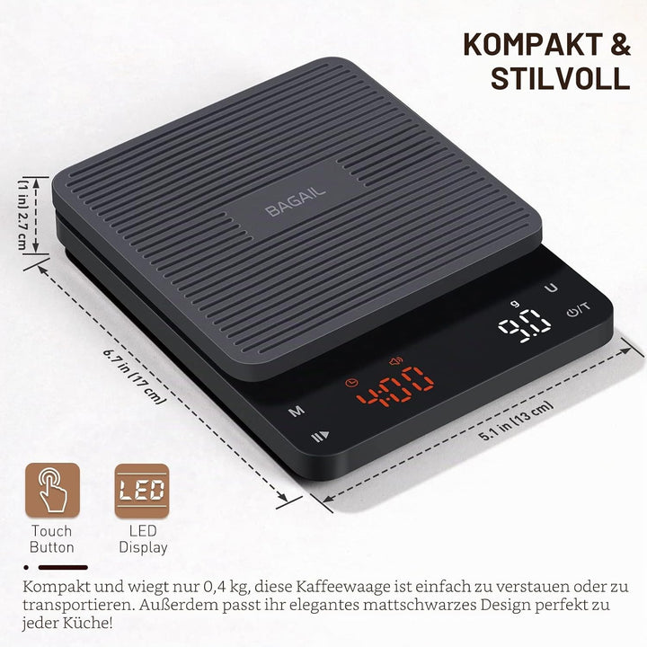 Bagail Digitale Kaffeewaage mit Timer 0,1 g Hochpräzise Elektronische Küchenwaage mit Grossem Displa