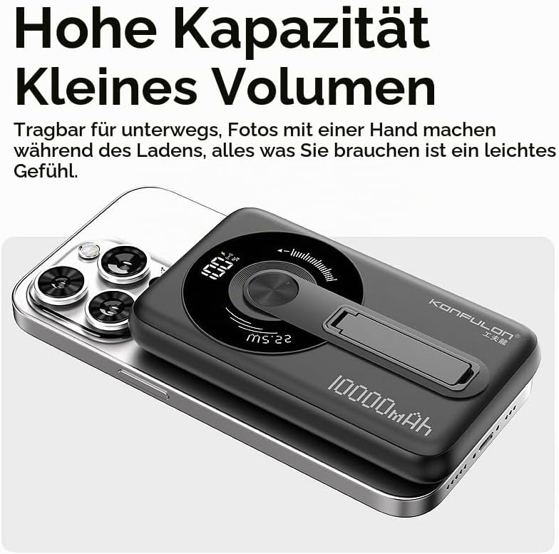 KONFULON Powerbank für Magsafe 10000mAh, 15W Qi Wireless &amp; 22.5W USB-C Fast Charging, Ultra-Kompakt