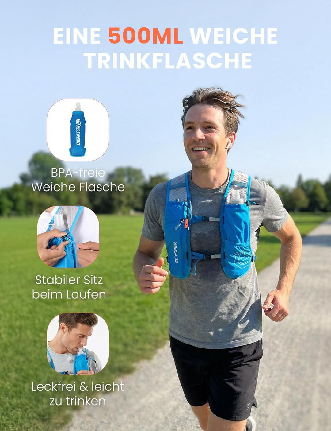 SKYSPER Laufweste für Damen Herren 12L Laufrucksack mit 500ml Trinkflasche Reflektierende Trinkweste
