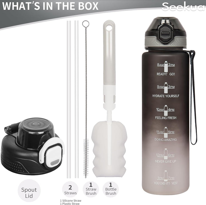 Seekua Sport Tritan Trinkflasche 1l mit Strohhalm & Zeitmarkierung, Grosse Wasserflasche mit Uhrzeit