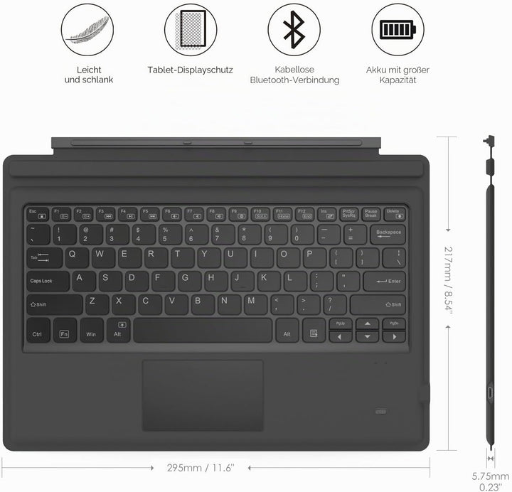 MoKo Type Cover Tastatur Kompatibel mit Microsoft Surface Pro 7 Plus/Pro 7/6/5/4/3, QWERTY Layout Bl
