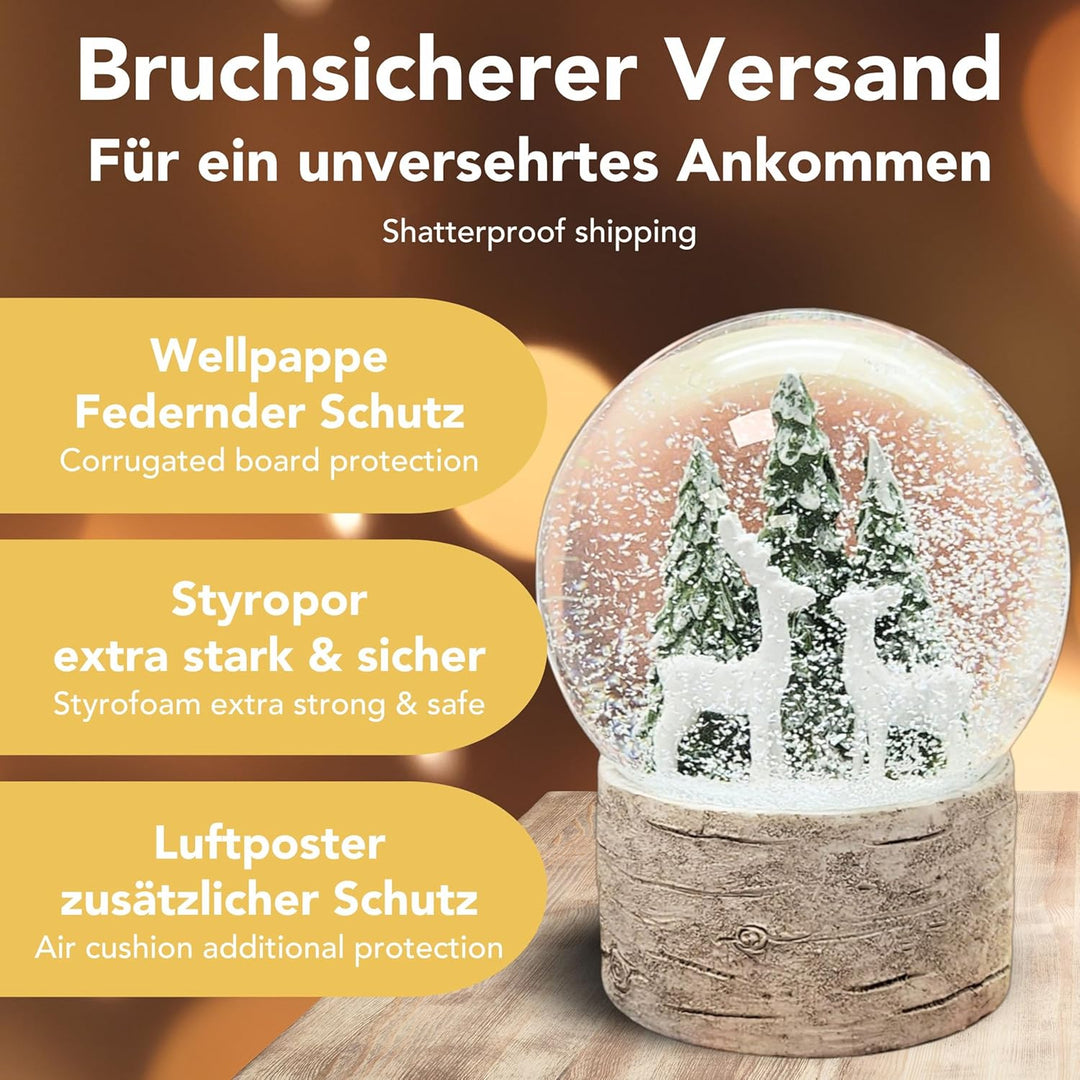 Schneekugel Weihnachten | Hüttenzauber Zwei Rehe Tannenbaum | Sockel Holzoptik | Höhe: 12cm Breite 1