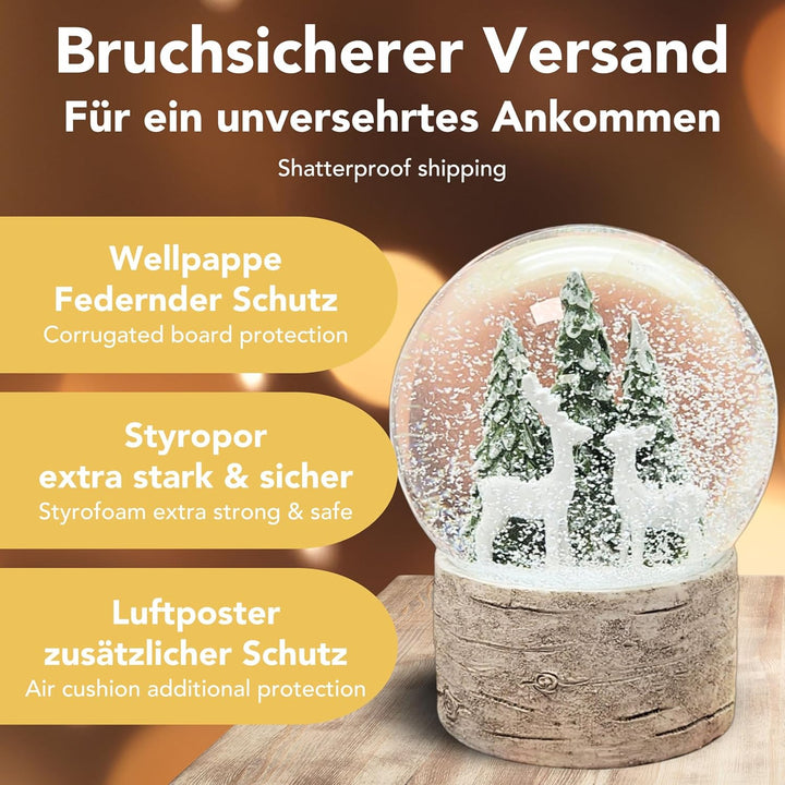 Schneekugel Weihnachten | Hüttenzauber Zwei Rehe Tannenbaum | Sockel Holzoptik | Höhe: 12cm Breite 1