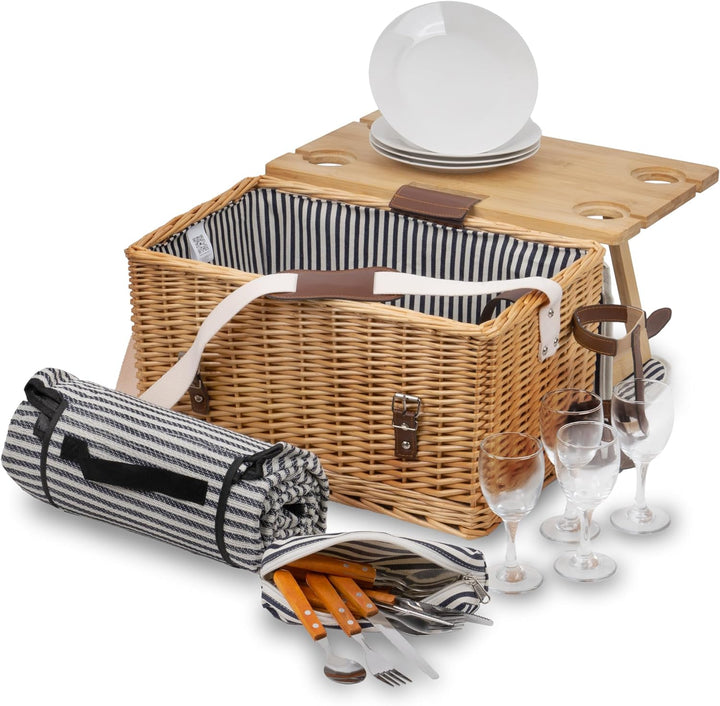 CampFeuer Picknickkorb 4 Personen mit Geschirr-Set und Serviertisch | 25-teilig | Picknickkoffer, We