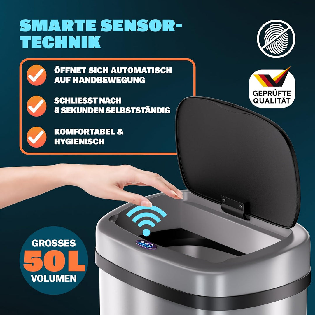 Monzana® Mülleimer mit Sensor Küche 50L Edelstahl Elektrisch Deckel Klemmring inkl. USB-Kabel Abfall
