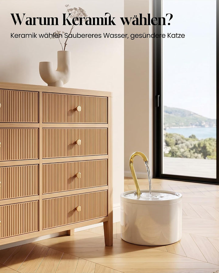 Kittyspout Katzenbrunnen Keramik Weiss, 1,2L Trinkbrunnen für Katzen mit Kupferrohr, 3 Wasserstufen,