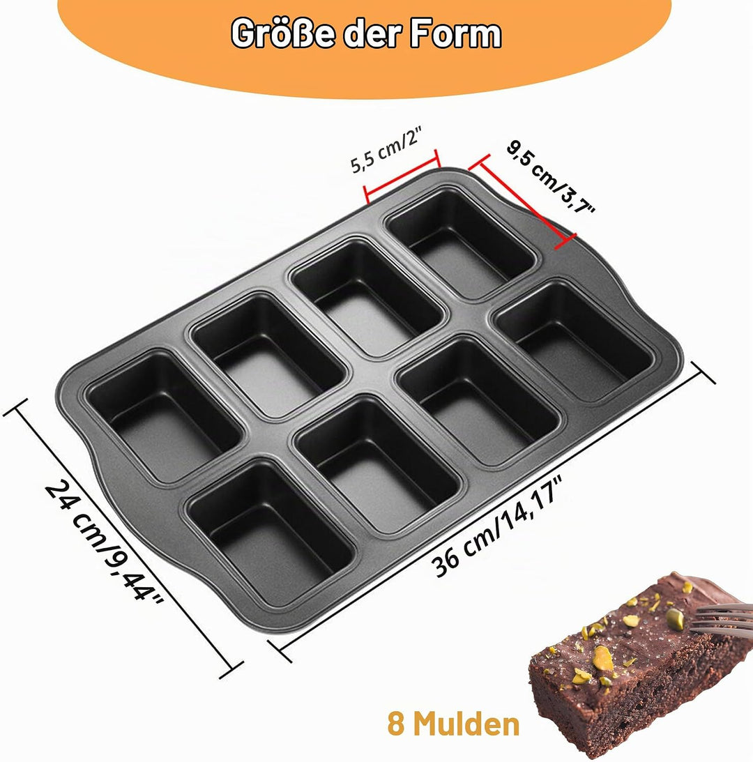 Mini Kuchen Backform, Minikastenkuchenblech Antihaft für 8 Kuchen, Mini Kastenform, Backform Rechtec