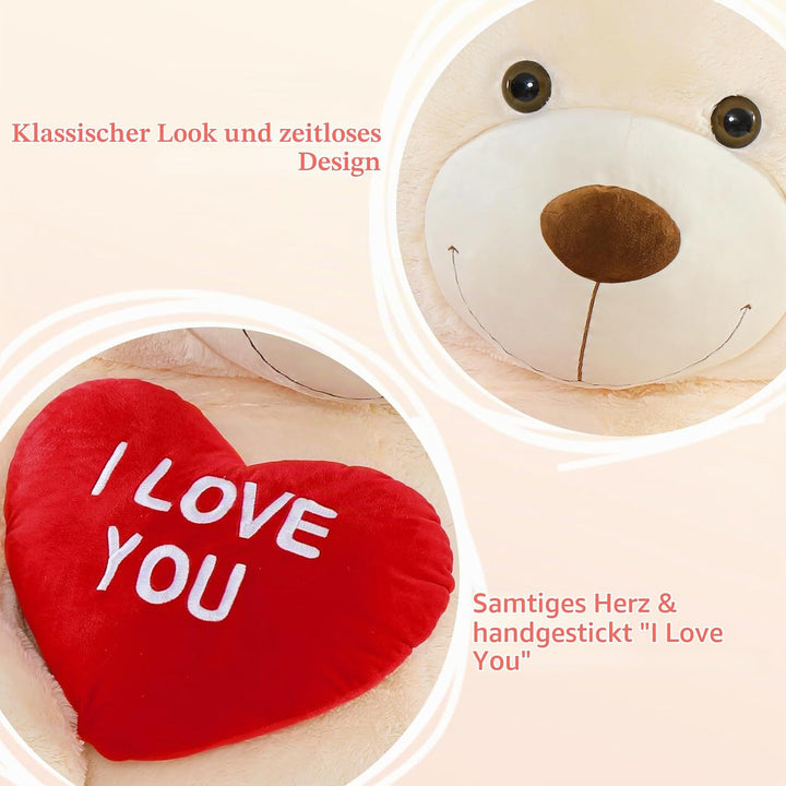 MorisMos 150cm riesen Teddy mit Herz, Beige gross teddybär XXL, kuschelig Plüschbär XXXL, Valentinst
