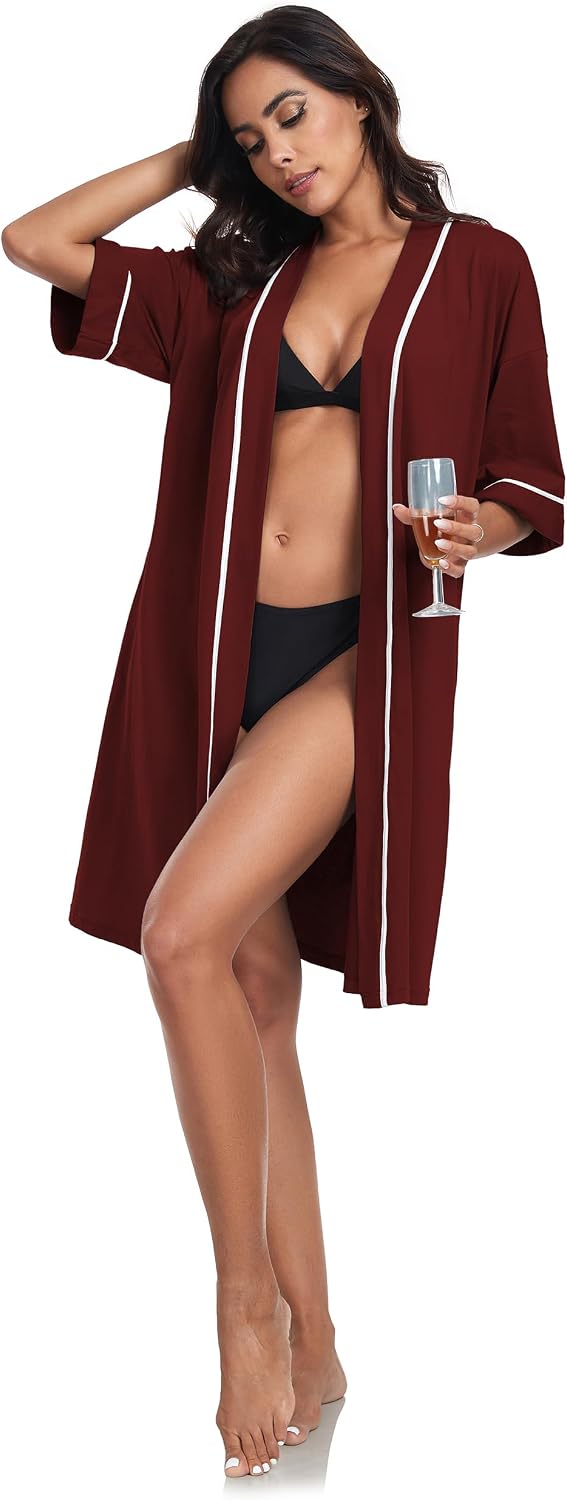 COLORFULLEAF 100% Baumwolle Bademantel Damen Kurz Morgenmantel Leicht Knielang Kimono Saunamantel Na