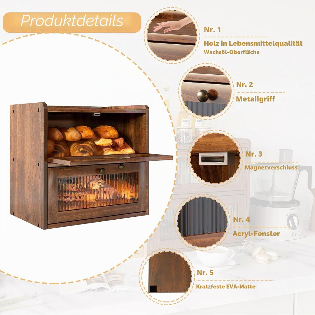 Brotkasten Holz, 2 Etagen Gross Brotbox mit Belüftungsloch, Längere Frische & Einfache Pflege, Küche