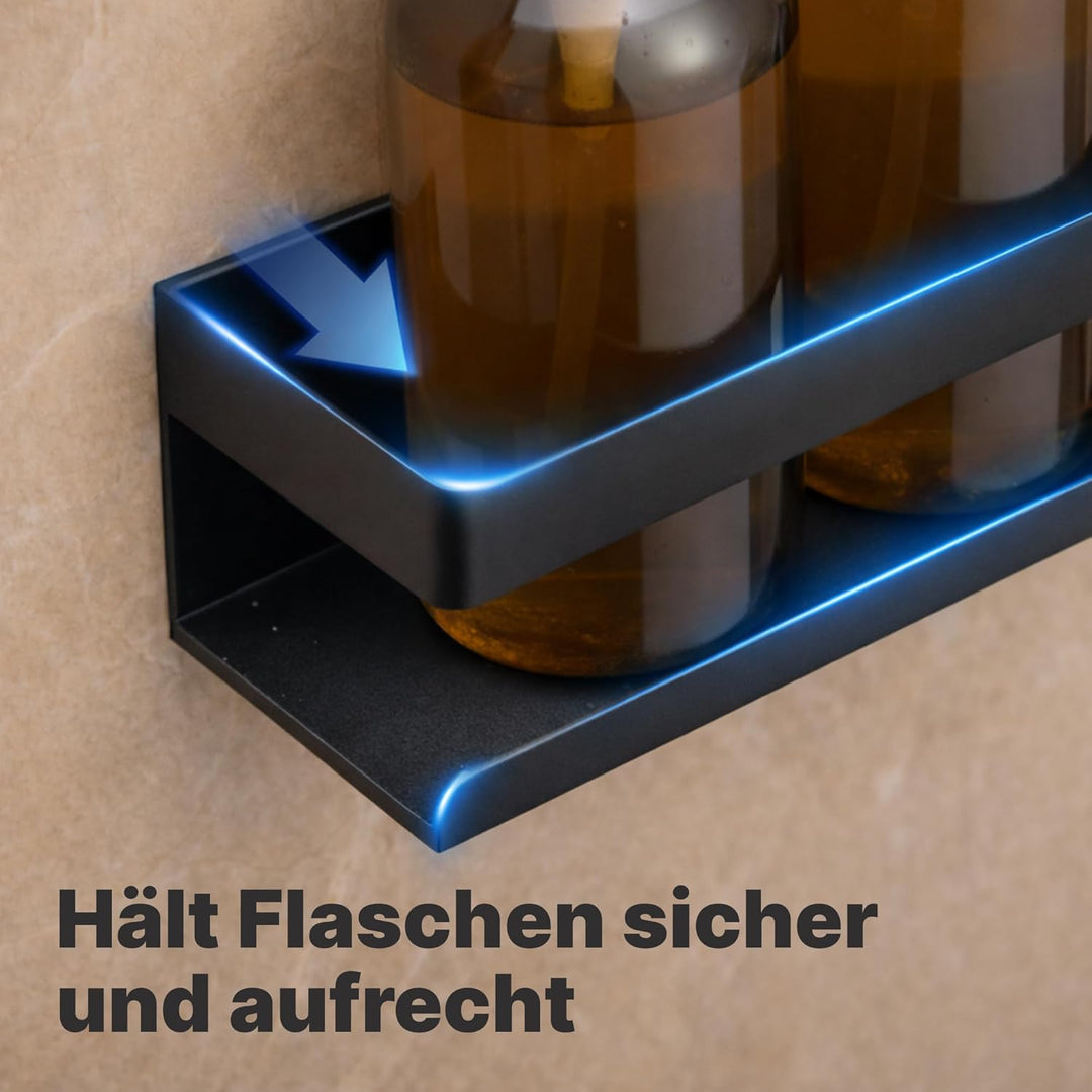 Minismus Duschablage ohne Bohren Schwarz, Duschregal mit Sicherheitsleiste und Haken, Wandregal ohne