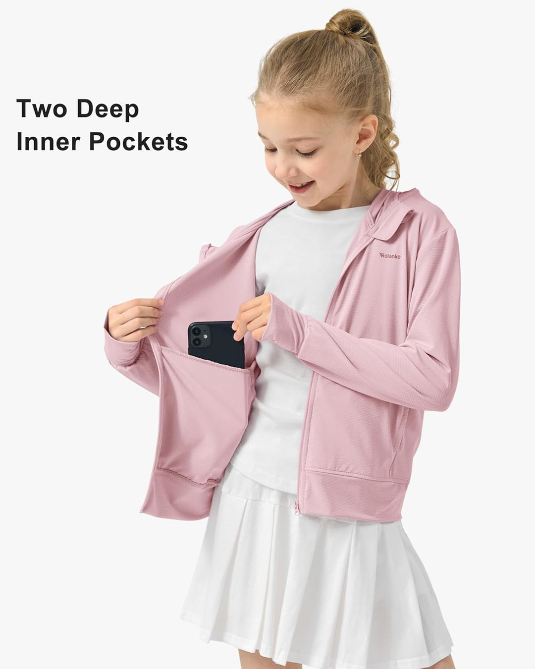 Rolanko Mädchen Sommerjacke mit Daumenlöchern Langarm Sonnenschutz Schnell Trocknend Reissverschluss