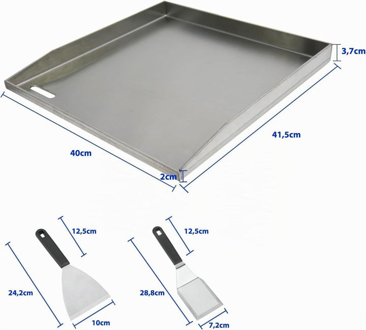 41.5X40X4CM, Edelstahl-Grillplatte, für Gas- und Holzkohleöfen, mit Schaufeln und Schabern, Camping-