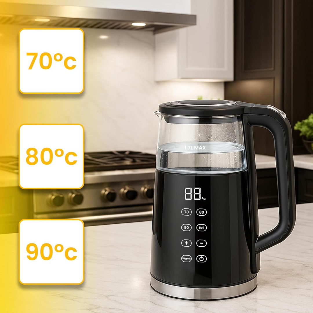 Retoo Glas Wasserkocher 1.7L mit Temperatureinstellung Elektrisch, 2200W, BPA-frei, 70–100°C, Touch-