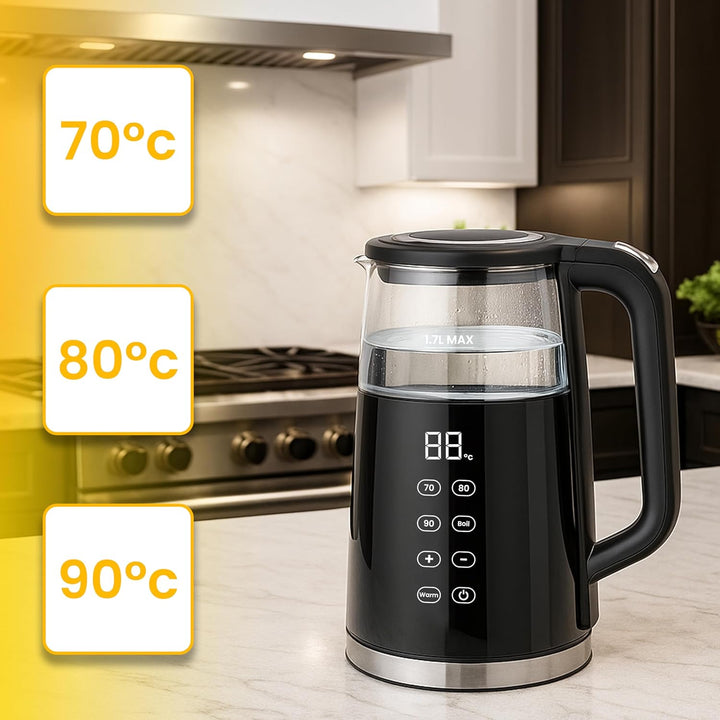 Retoo Glas Wasserkocher 1.7L mit Temperatureinstellung Elektrisch, 2200W, BPA-frei, 70–100°C, Touch-
