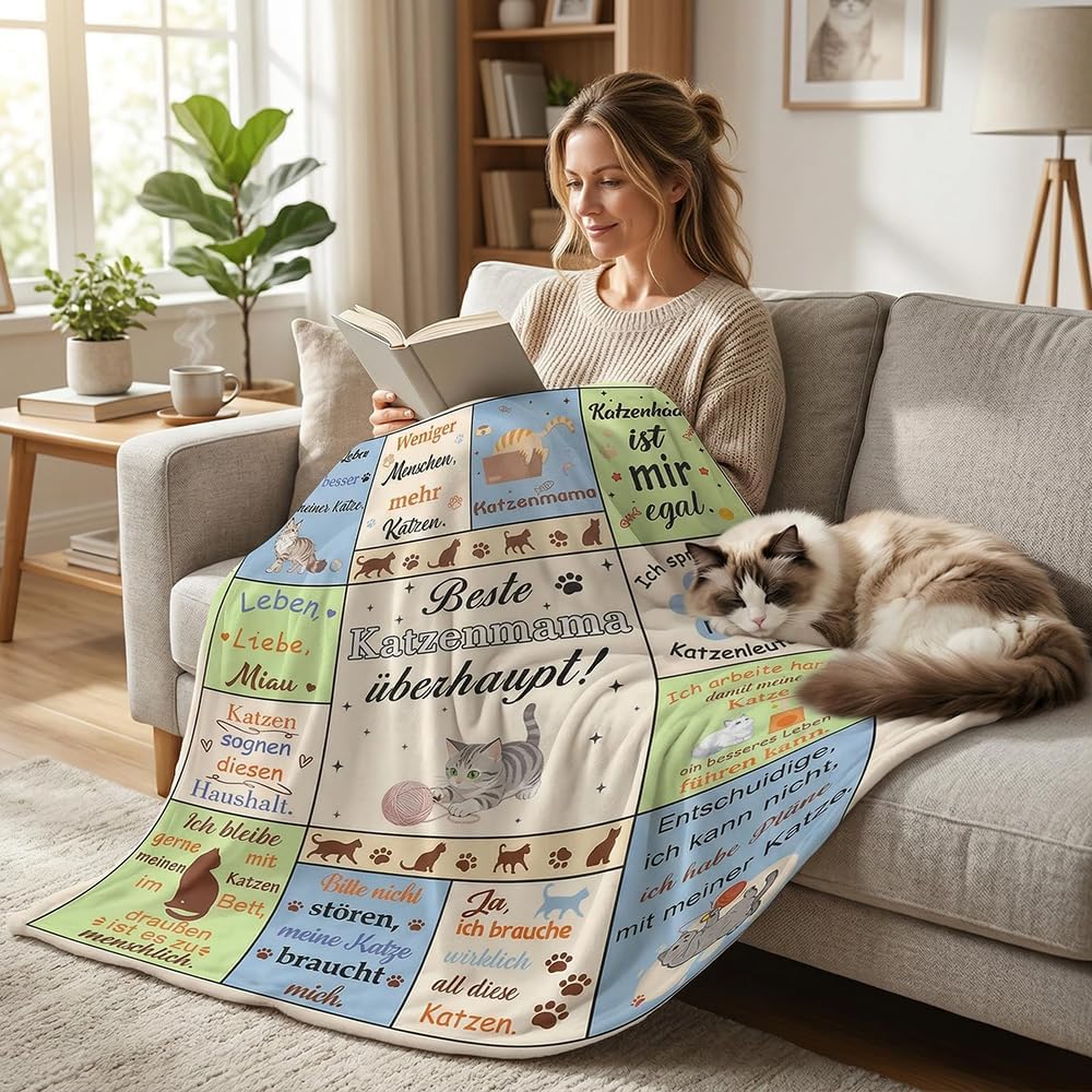 Mama Geschenk Kuscheldecke 150×130CM Flanelldecke Schlafdecke für Mama Katzenmam Oma Muttertagsgesch