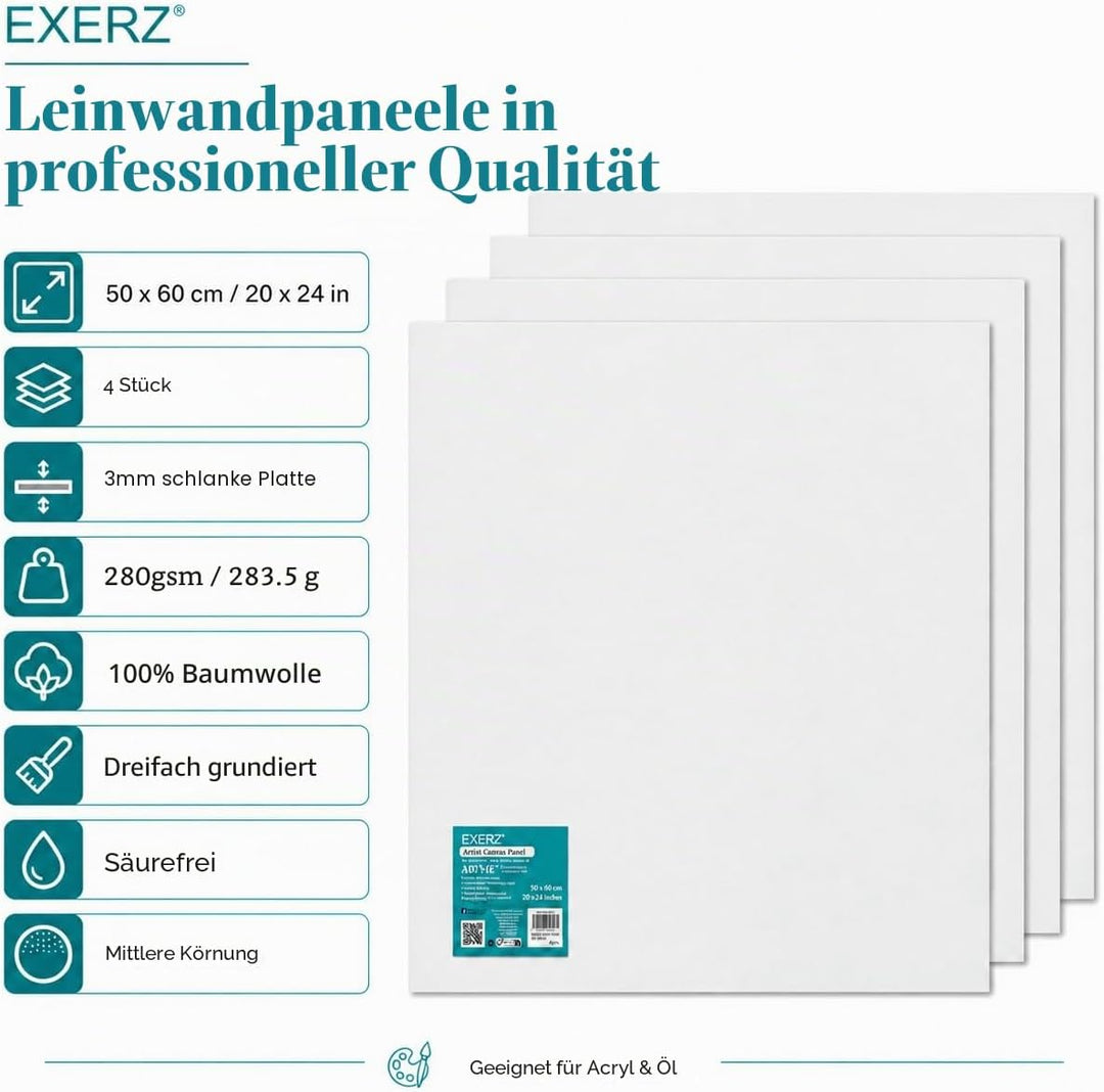 EXERZ 50x60cm Malkarton/Leinwand-Panele 4 Stück 0.3cm dick/Kunstleinwandtafel / 280GSM/ Vorgespannt