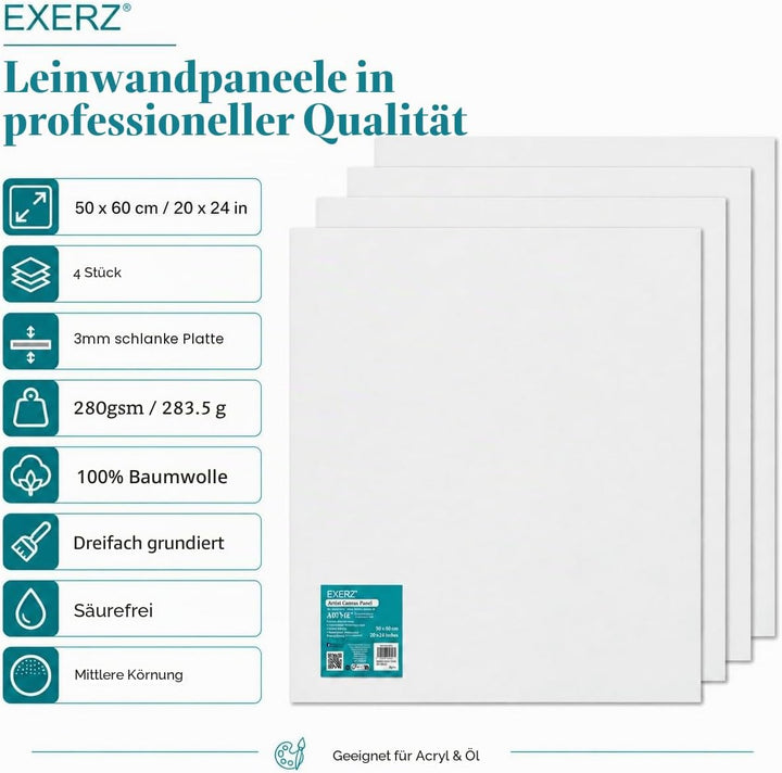 EXERZ 50x60cm Malkarton/Leinwand-Panele 4 Stück 0.3cm dick/Kunstleinwandtafel / 280GSM/ Vorgespannt