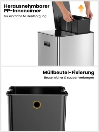 YEAUPE PRO Mülleimer Küche 40L (2 x 20L) mit Pedal, Doppel Mülleimer zur Mülltrennung, Edelstahl Tre