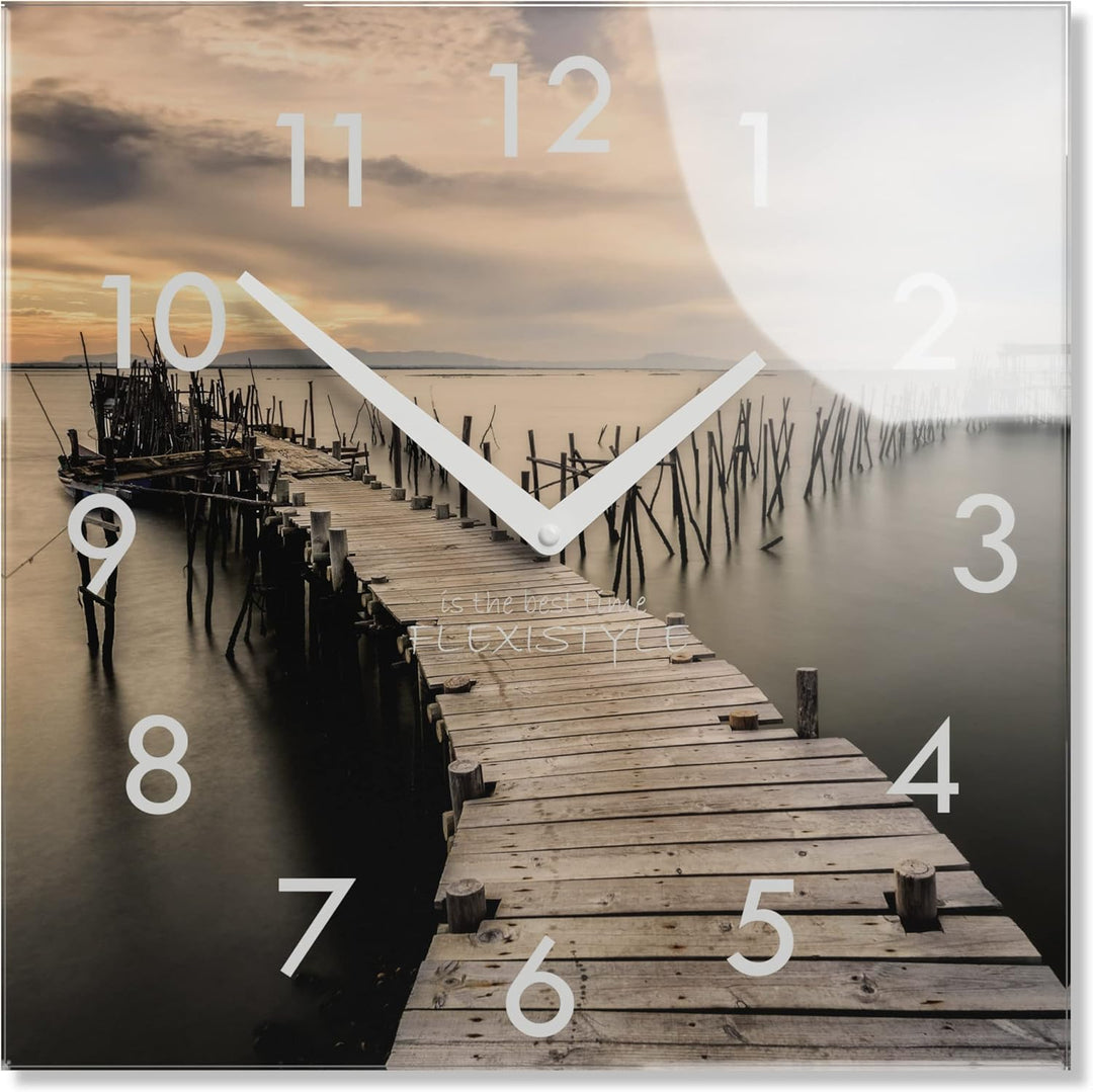 FLEXISTYLE Wanduhr küche Wohnzimmer 30 x 30 cm, aus Glas, mit Direktdruck eckig modern (HERBSTBRÜCKE